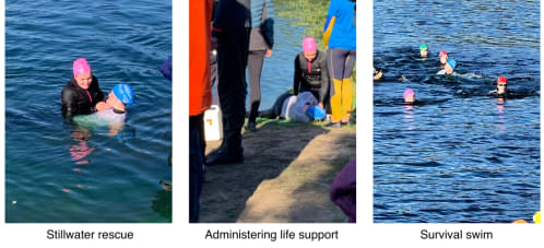 Three photos showing aspects of the RLSS UK's Stillwater assessment. 1) A person being rescued, 2) adminstering CPR, 3) a survival swim